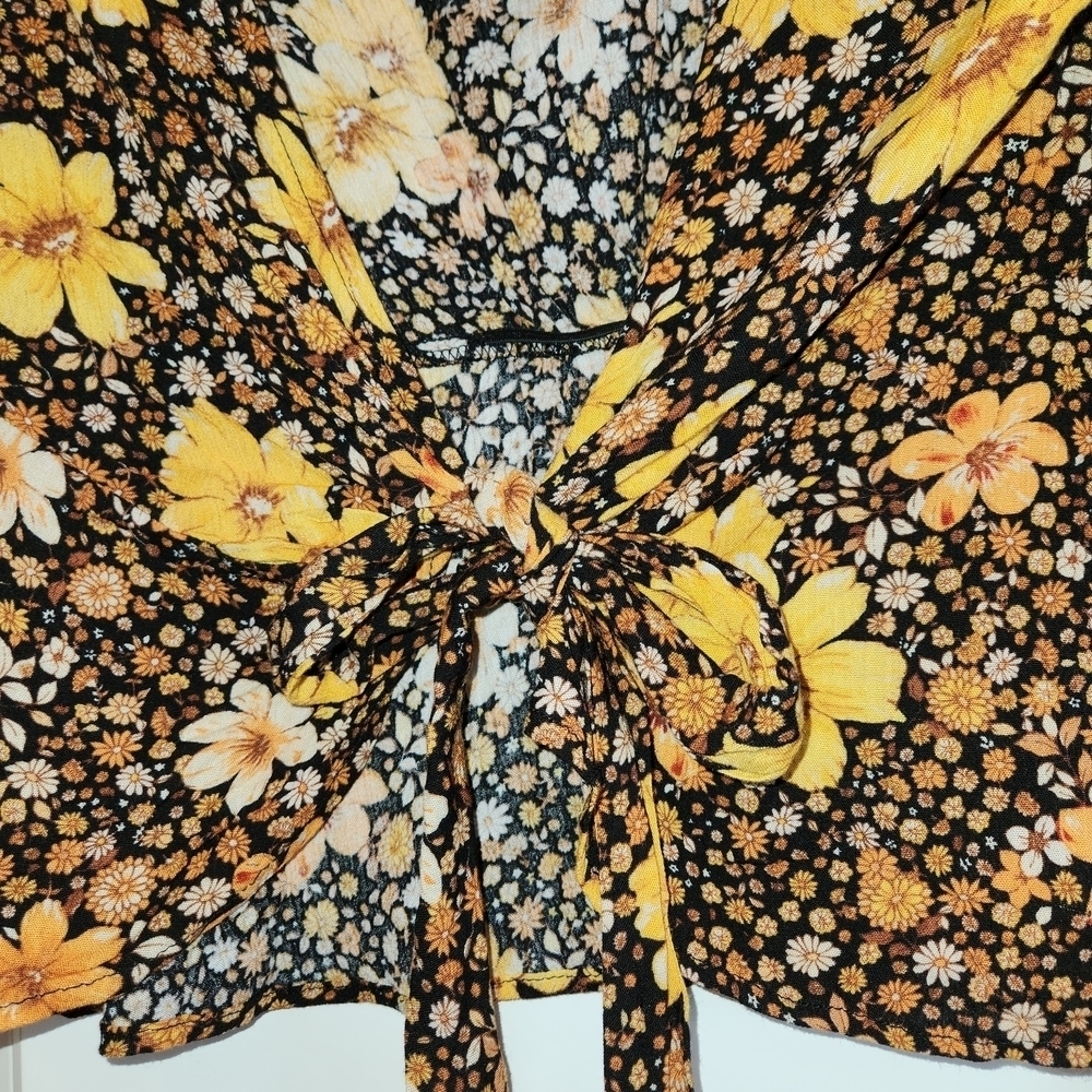 NWT Miami Yellow Brown & Black Floral Blouse Front Tie Size S Bell Long Sleeves - Picture 4 of 10